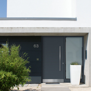 Aluminiumtür grau mit Edelstahl verziert kaufen